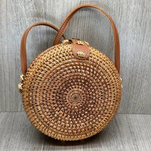 Round Rattan Bag Tropical Beach Style Woven Shoulder Rattan Bag Leather Strap